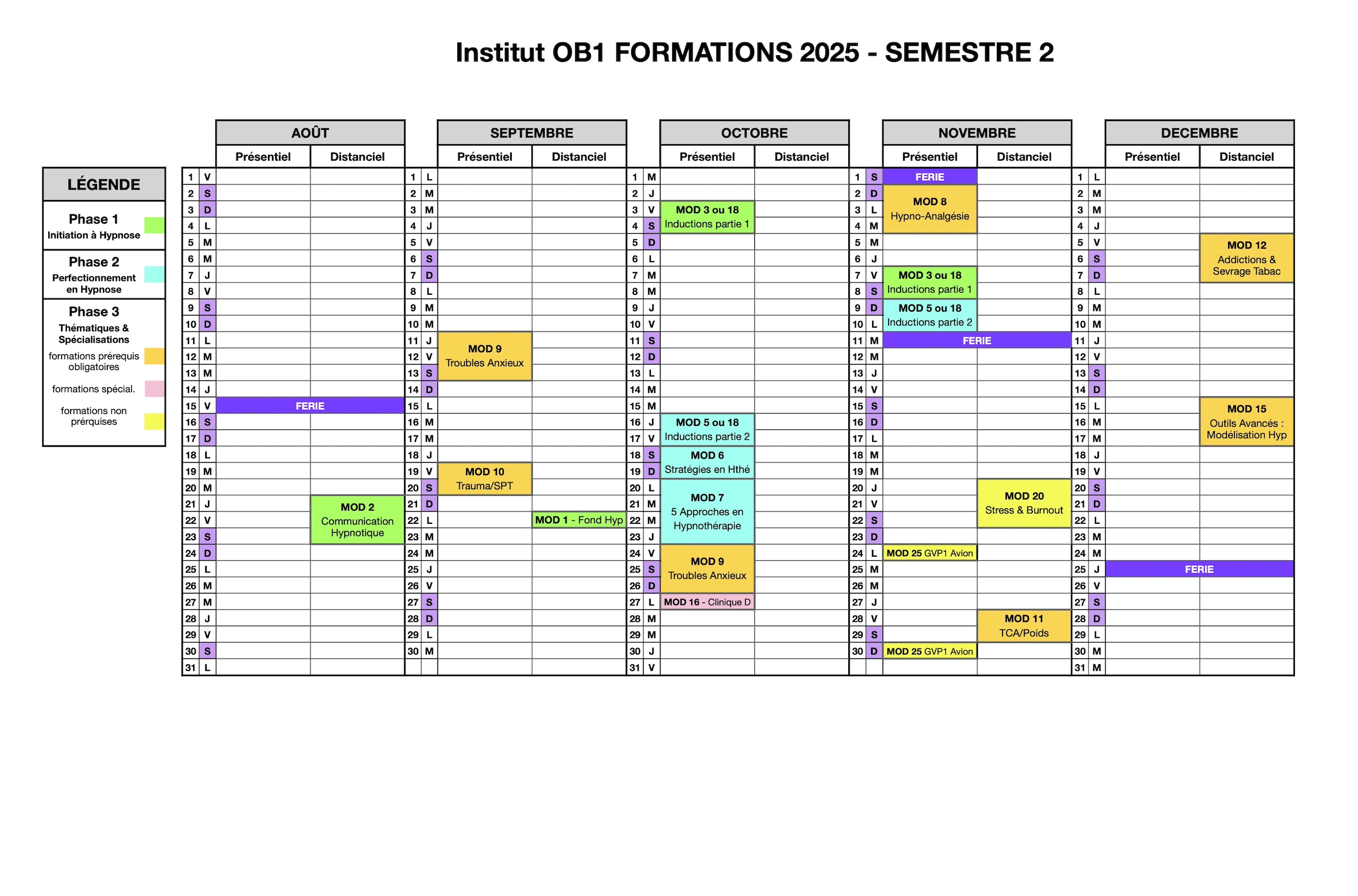 Institut OB1 Formations calendrier 2025 semestre 2 v2.0